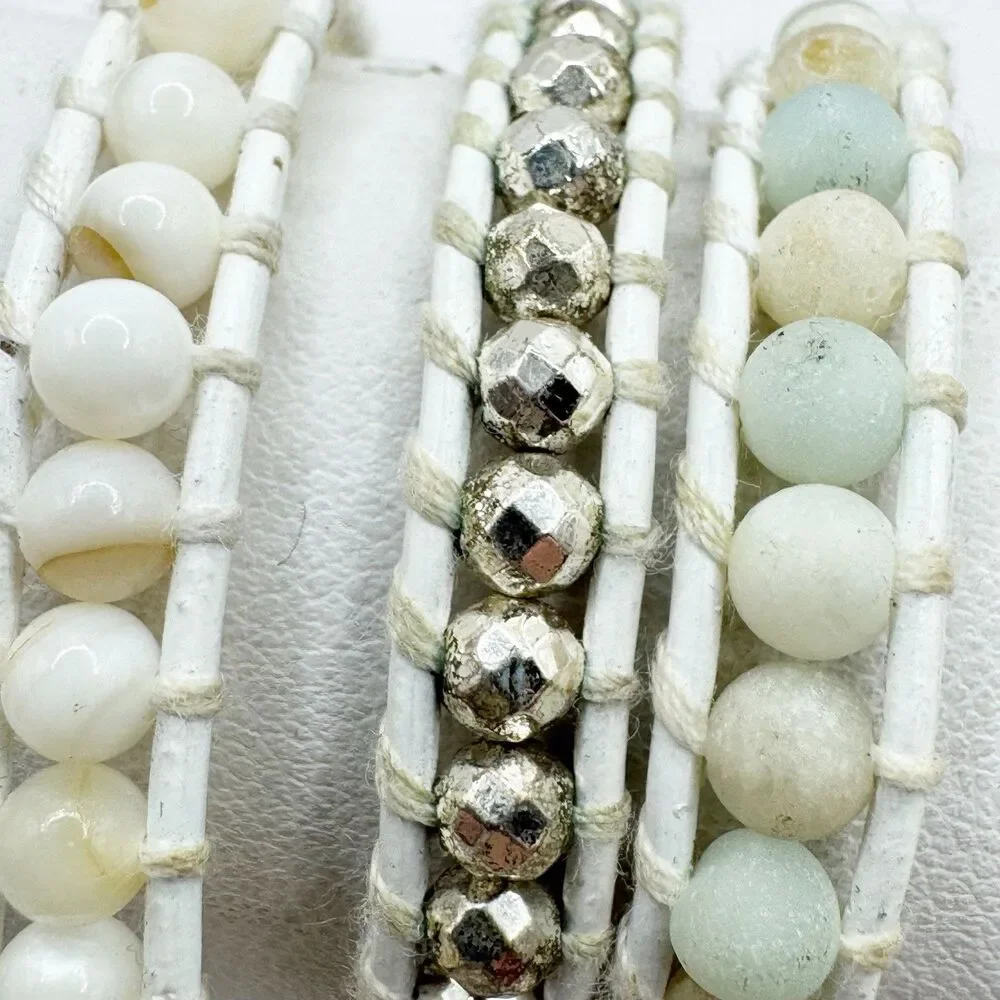 Victoria Emerson White Wrap Bracelet Muted Neutral Teal Stone And Silver Beads